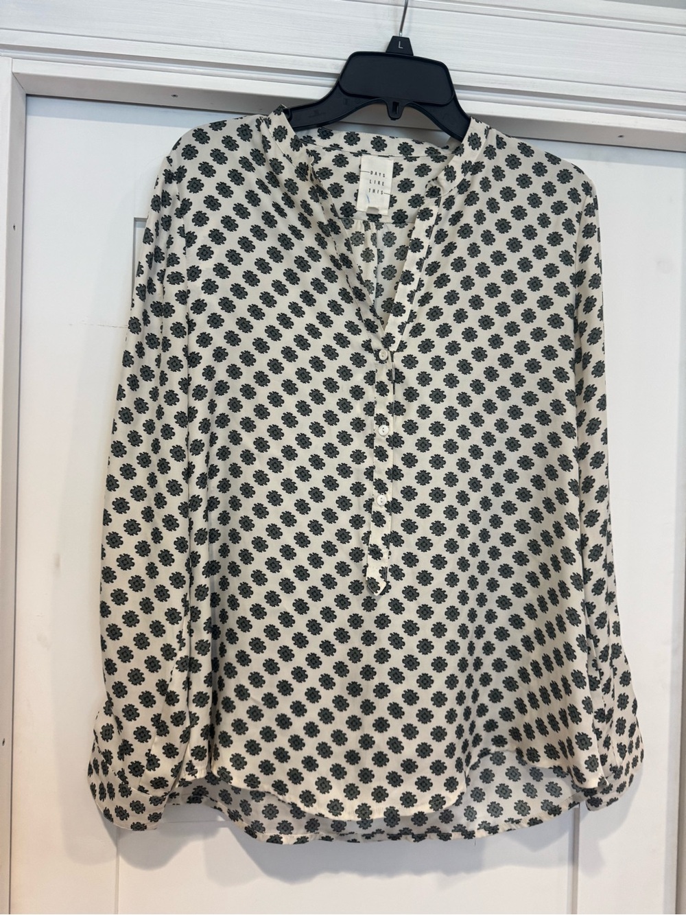 Printed V-Neck Long-Sleeve Women’s Blouse - Cream with Black Floral Dots